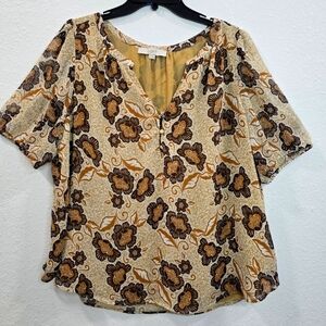 Loft Floral Print Puff  Womens Sleeve Henley Blouse Size XL.